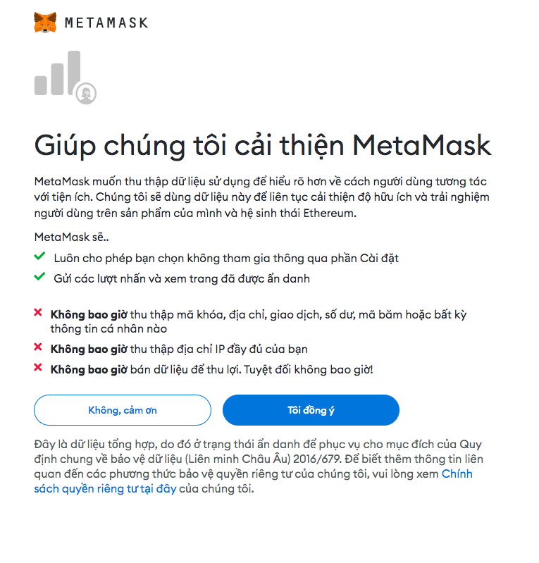 Đồng ý với các điều khoản khi tạo ví MetaMask
