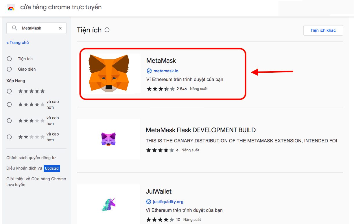 MetaMask trên cửa hàng Chrome trực tuyến