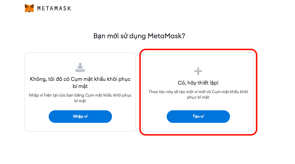 Chọn tạo ví mới và Cụm mật khẩu khôi phục bí mật